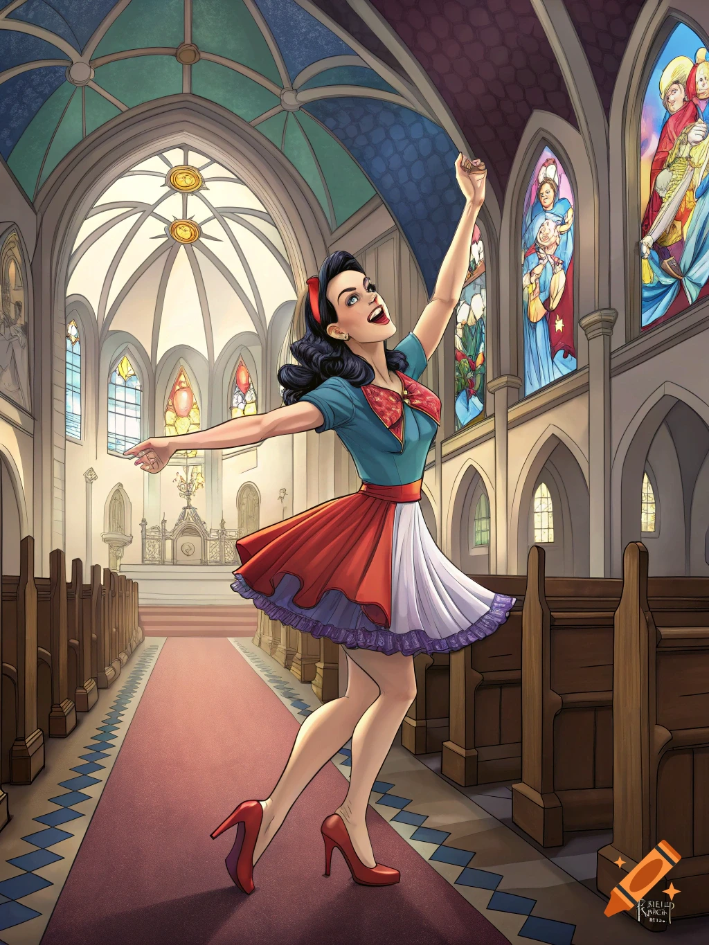 Illustration of a woman dancing in a church aisle.