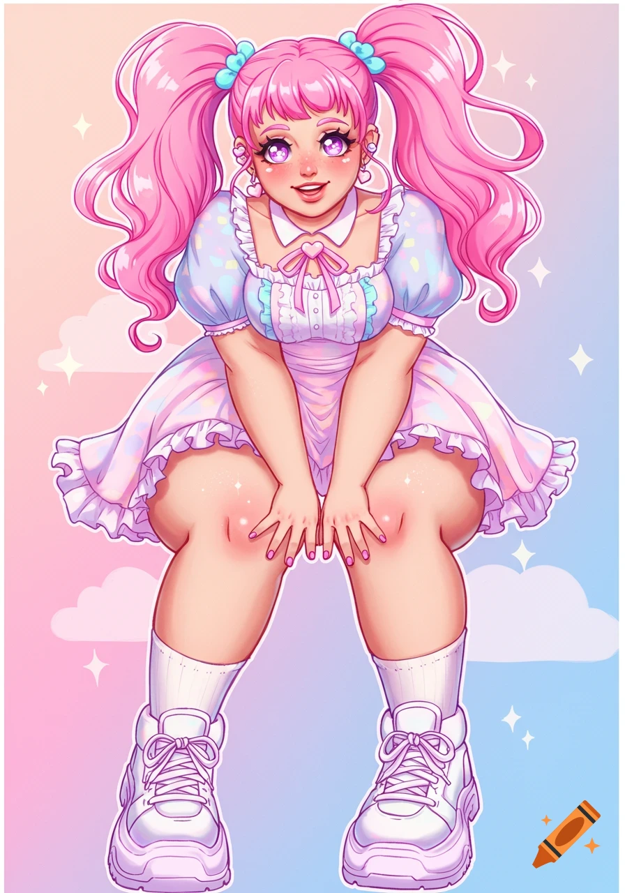 A brightly colored anime girl with pink pigtails, wearing a pastel dress, sits with her knees pulled up.