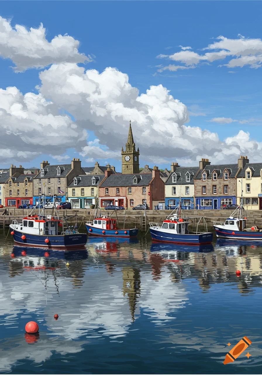 Painting of fishing boats in a harbor in front of buildings and a church tower under a cloudy sky.