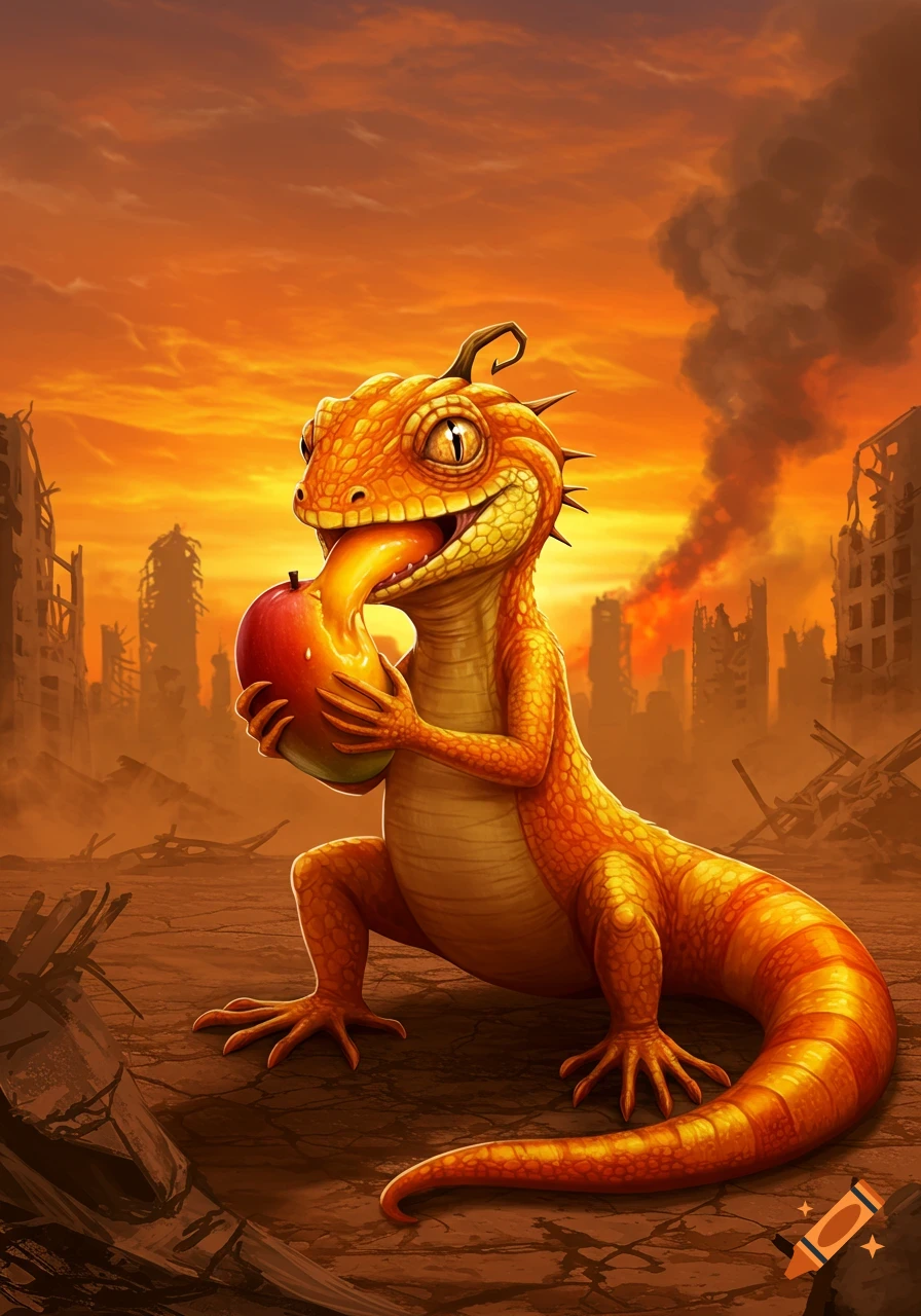 A cartoonish orange lizard eats an apple in a ruined city under an orange sky.