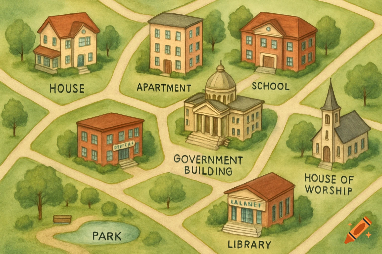 An illustrated map shows buildings labeled House, Apartment, School, Government Building, House of Worship, Library, and Park along paths.