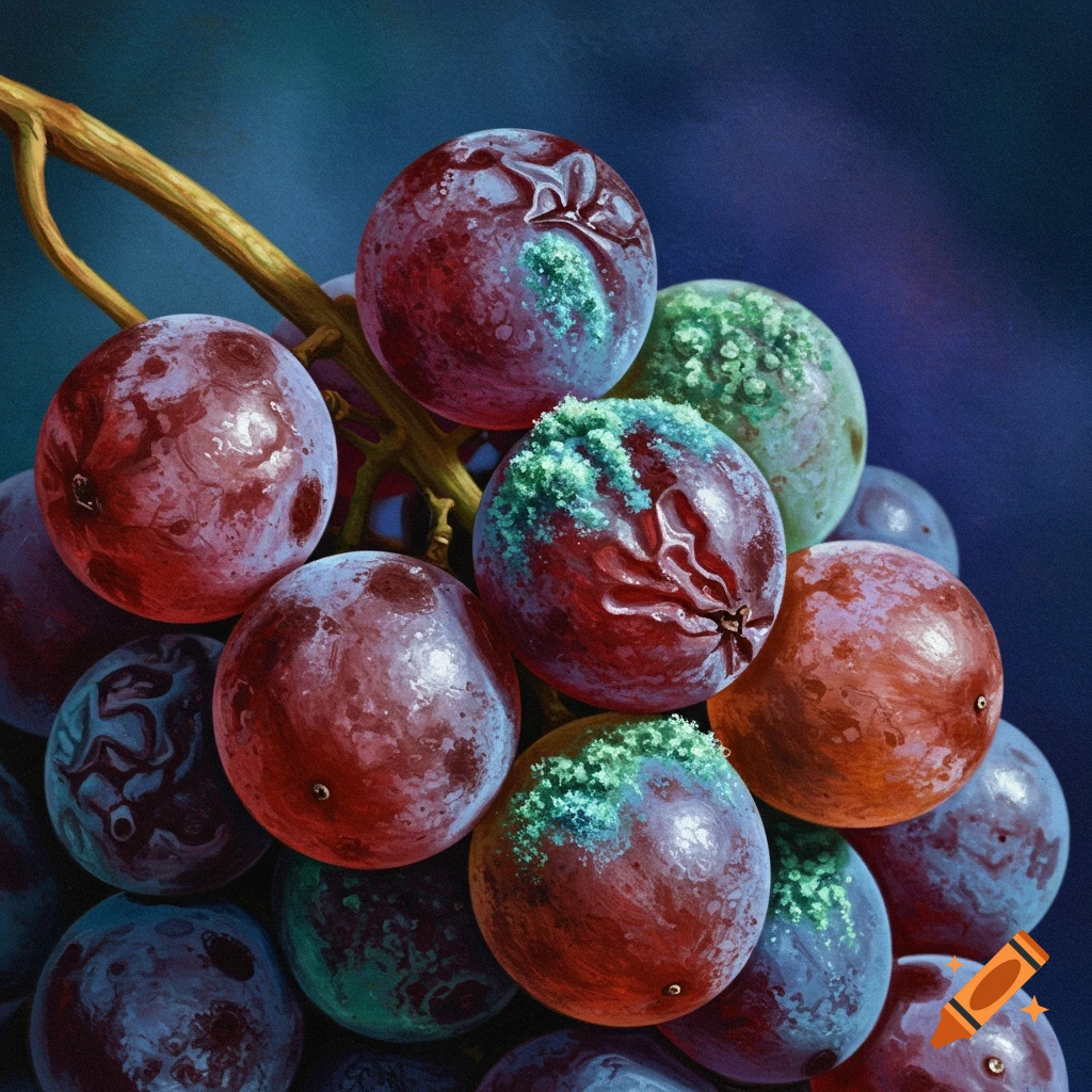 Close-up of a bunch of rotting red and blue grapes with mold.