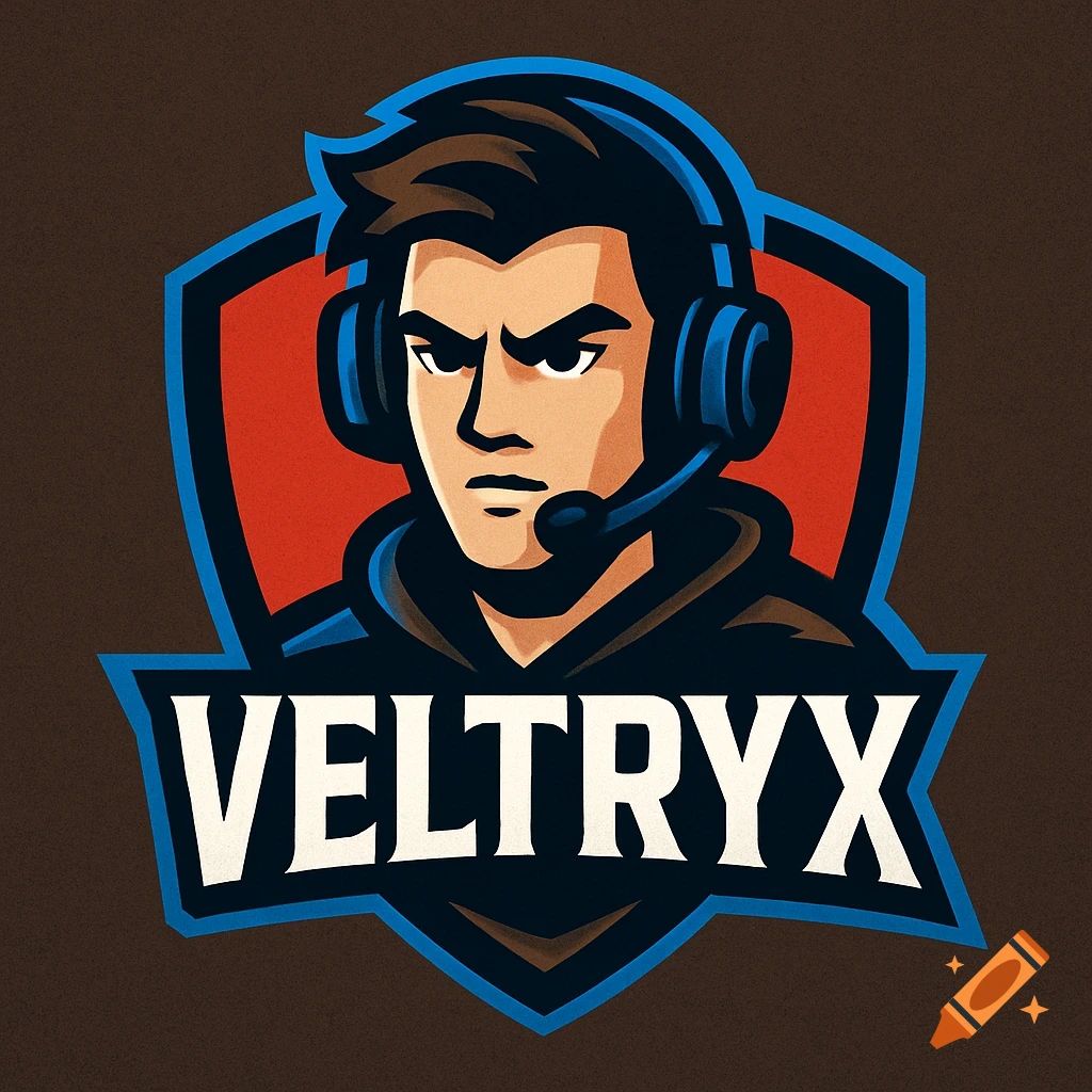 Gaming logo with a stylized character wearing a headset and the name VELTRYX