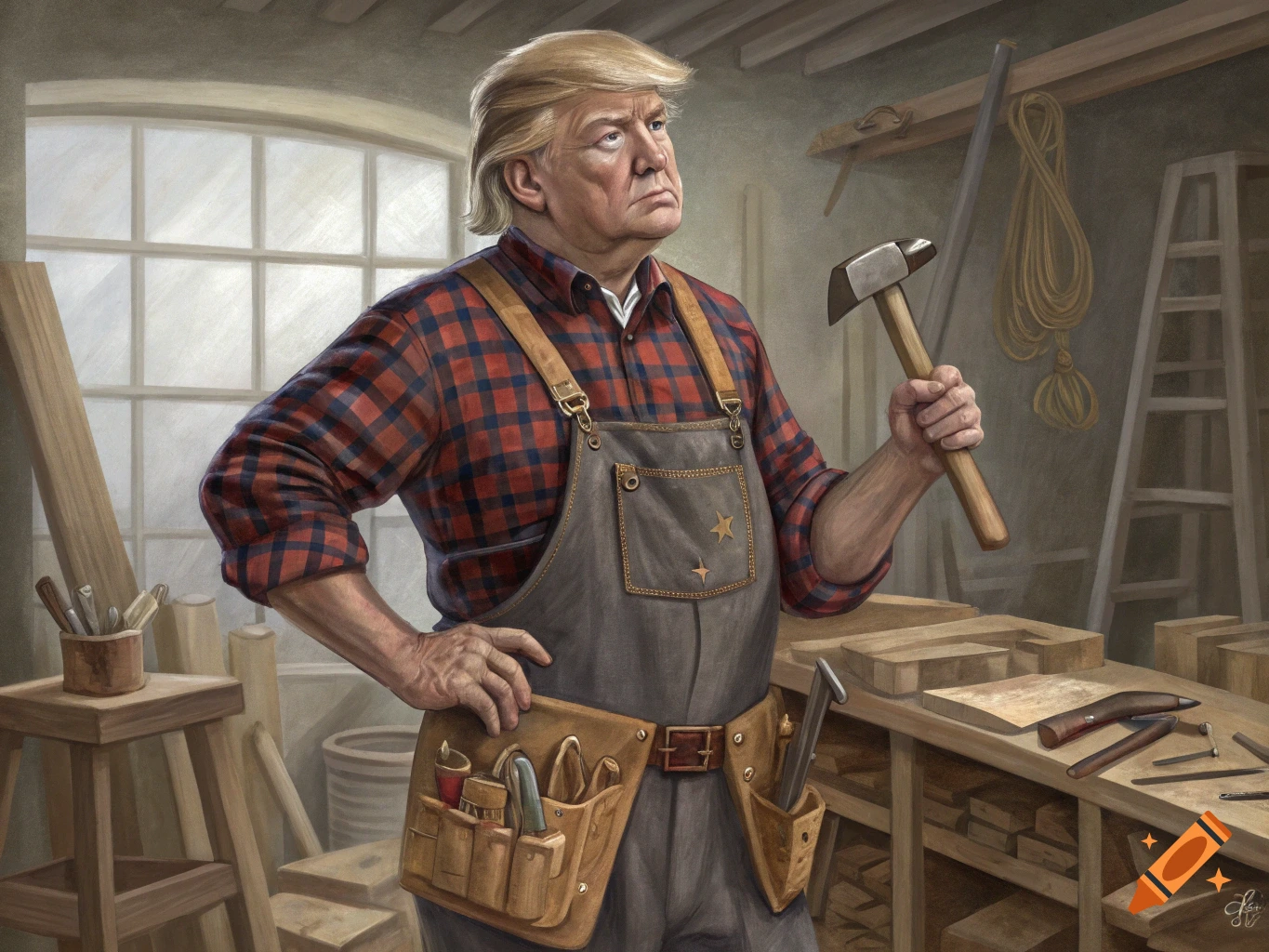 Donald Trump in a workshop wearing a plaid shirt and overalls, holding a hammer, in a realistic painting style.
