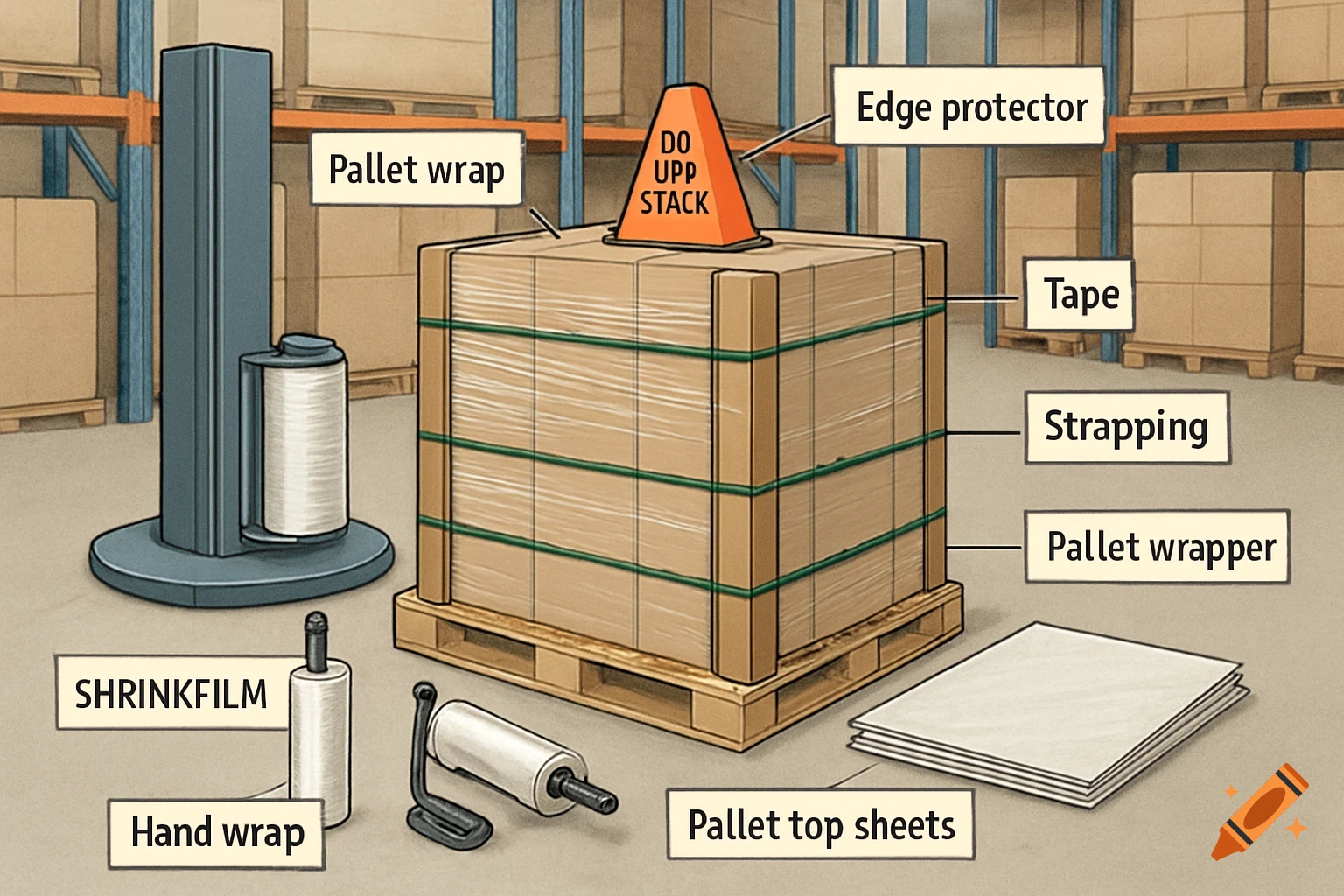 Illustration of a pallet being wrapped in a warehouse, with labels pointing to packaging components.