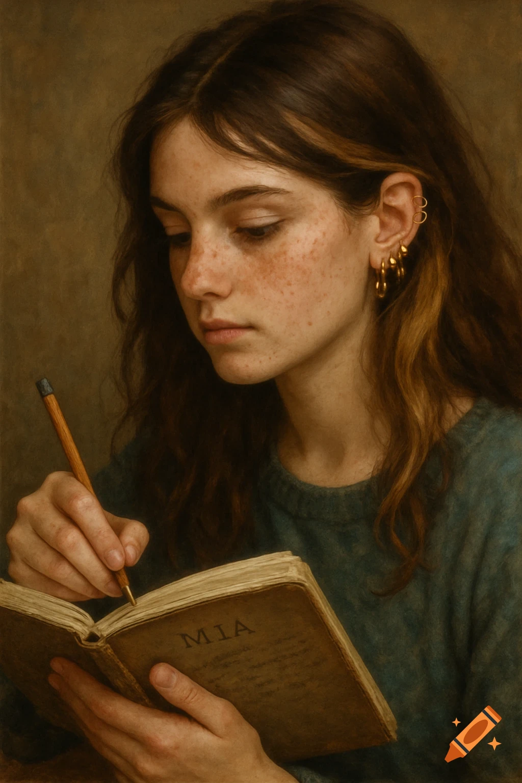 Realistic portrait of a young woman with freckles writing in a book titled MIA.