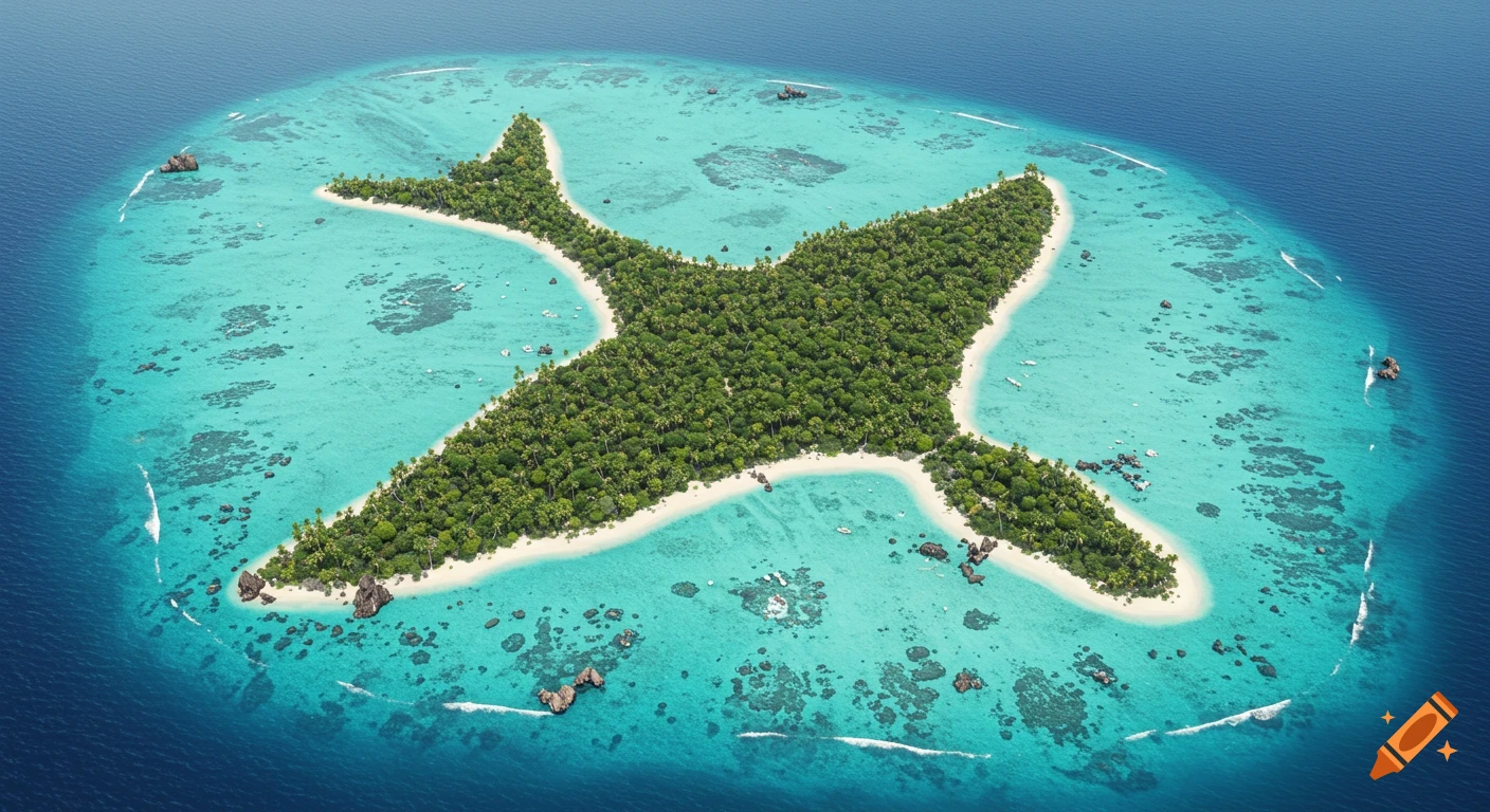Aerial view of a tropical island shaped like a shark, surrounded by clear blue water and reefs.