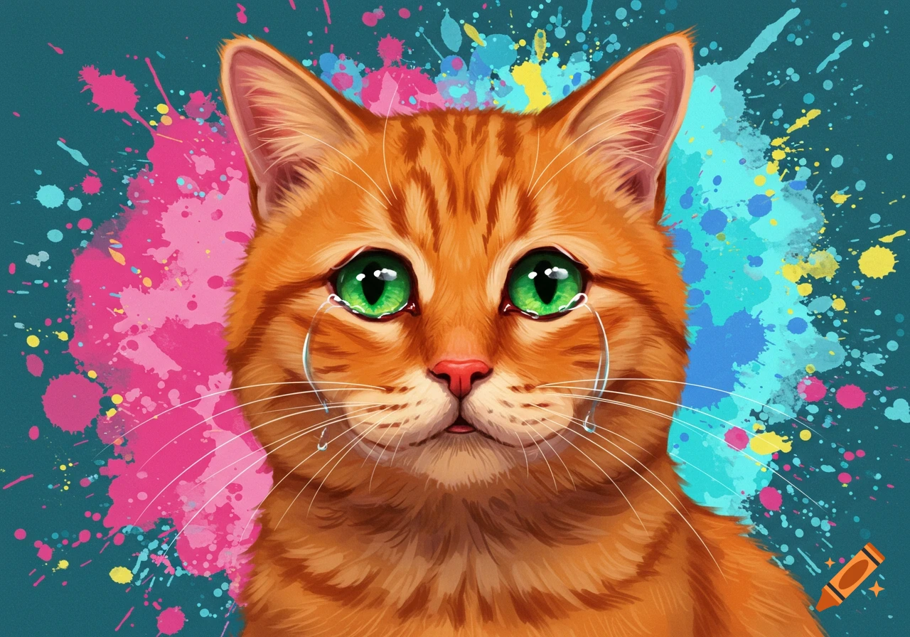 Close-up of a sad ginger cat with tears, set against colorful paint splatters.