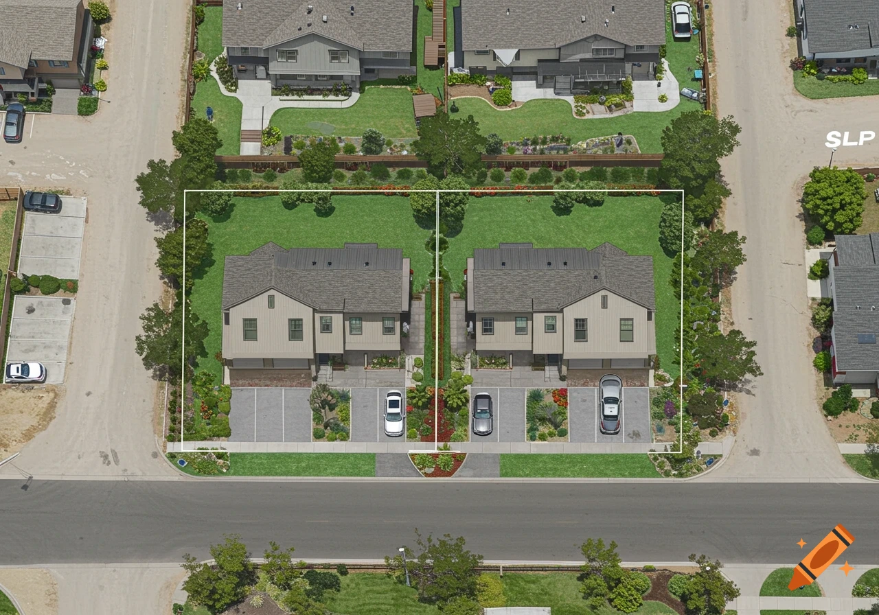 Aerial view of modern farmhouse duplex units with parking, green space, and surrounding neighborhood.