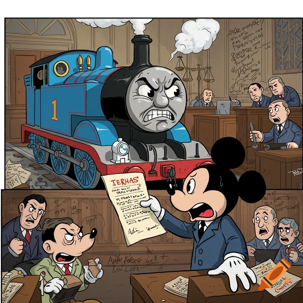 Cartoon of angry Thomas the Tank Engine and surprised Mickey Mouse in a ...