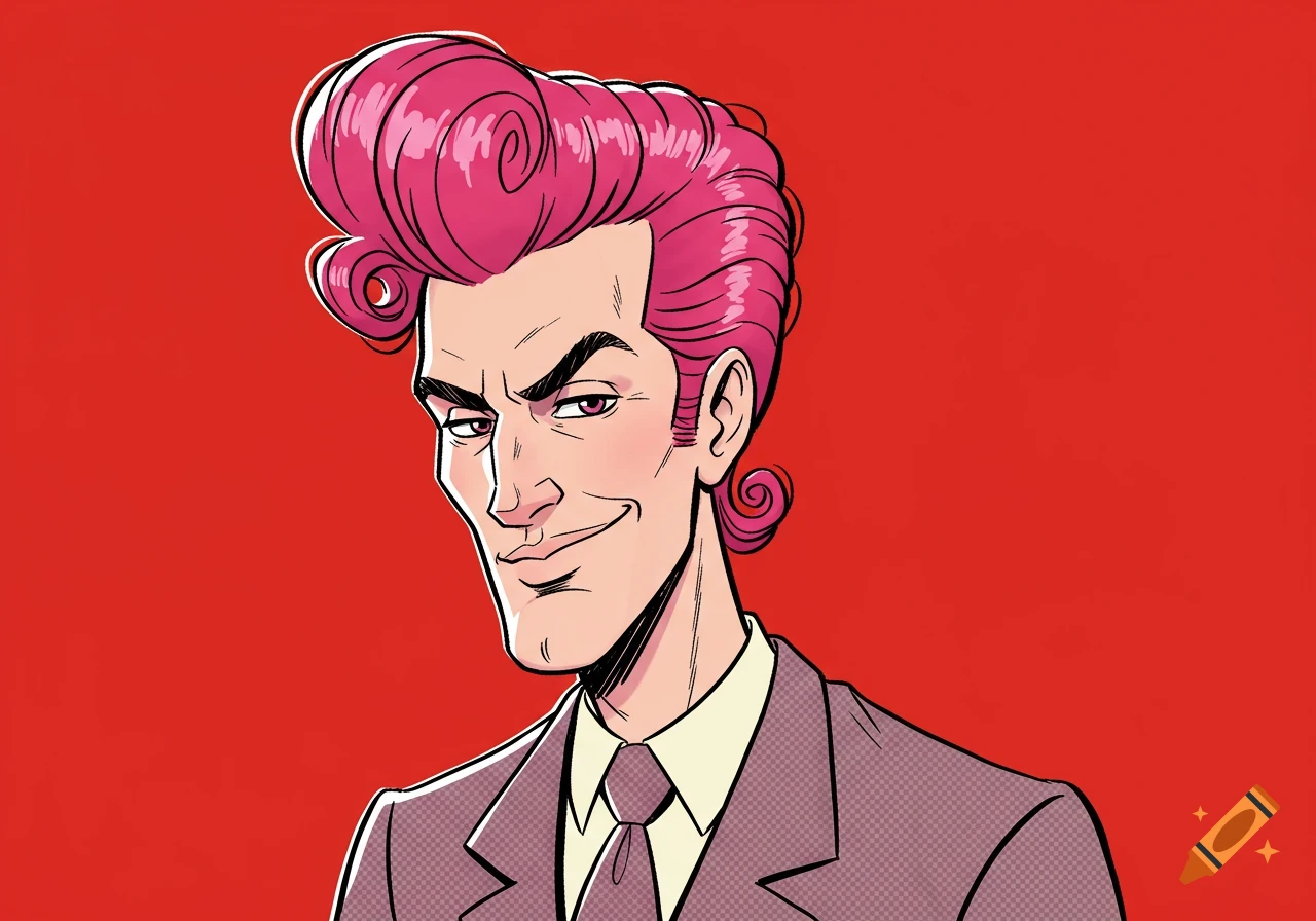 A cartoon portrait of a man with bright pink hair in a suit against a red background.