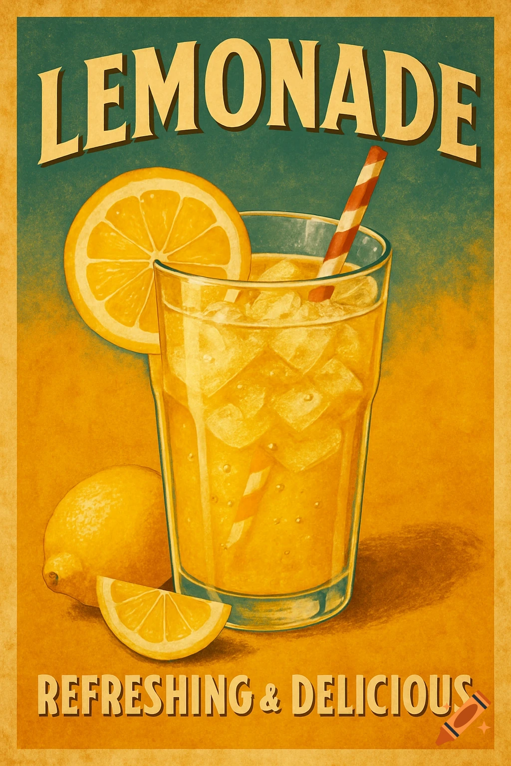 Vintage poster for lemonade with a glass, ice, straw, and lemons.