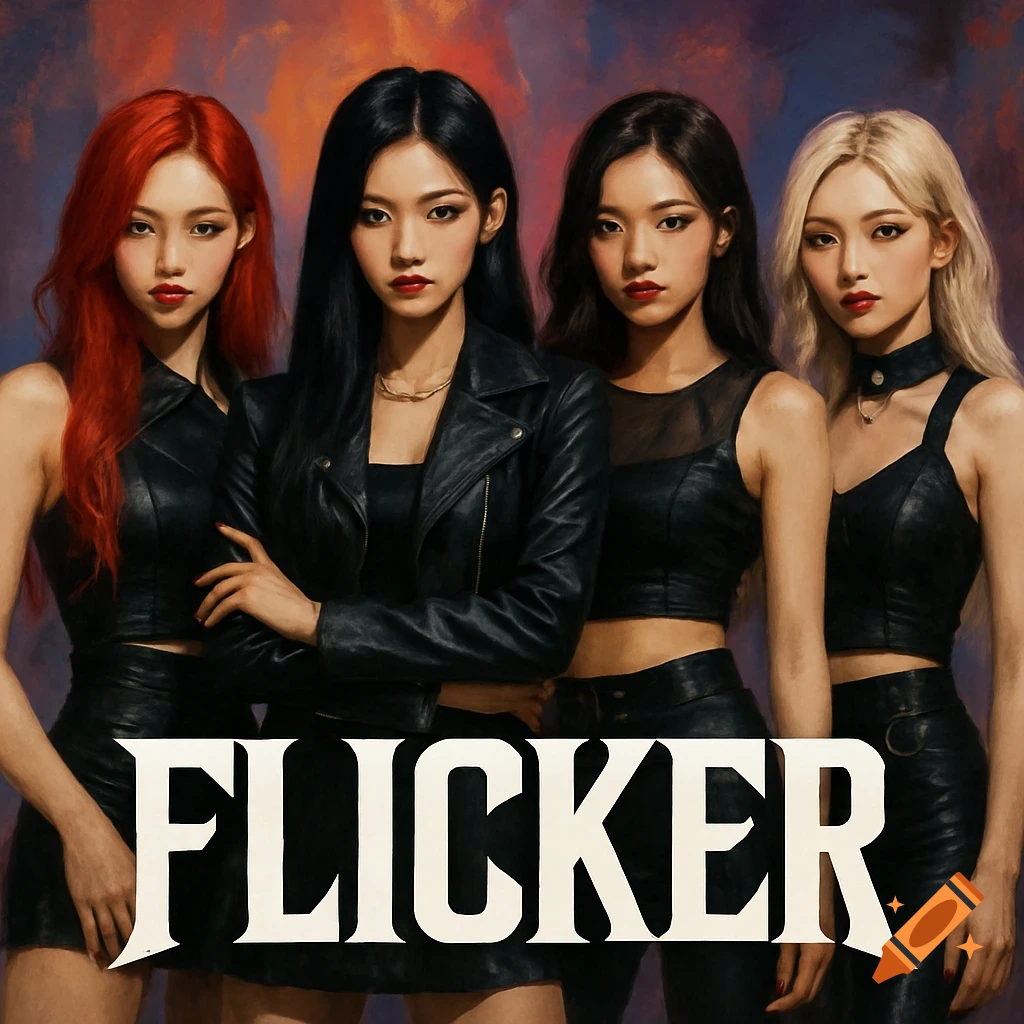 Four women in black leather pose as a group, with the text FLICKER below.