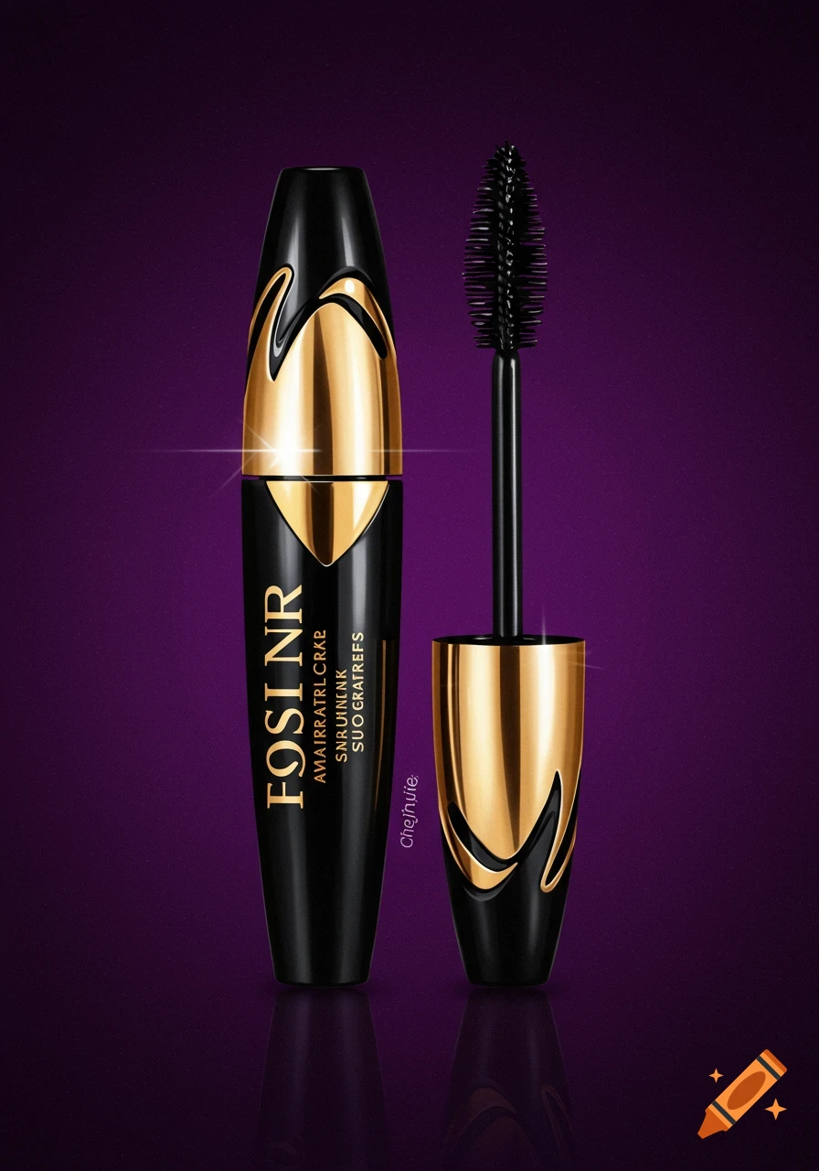 A black and gold mascara tube and wand on a purple background.