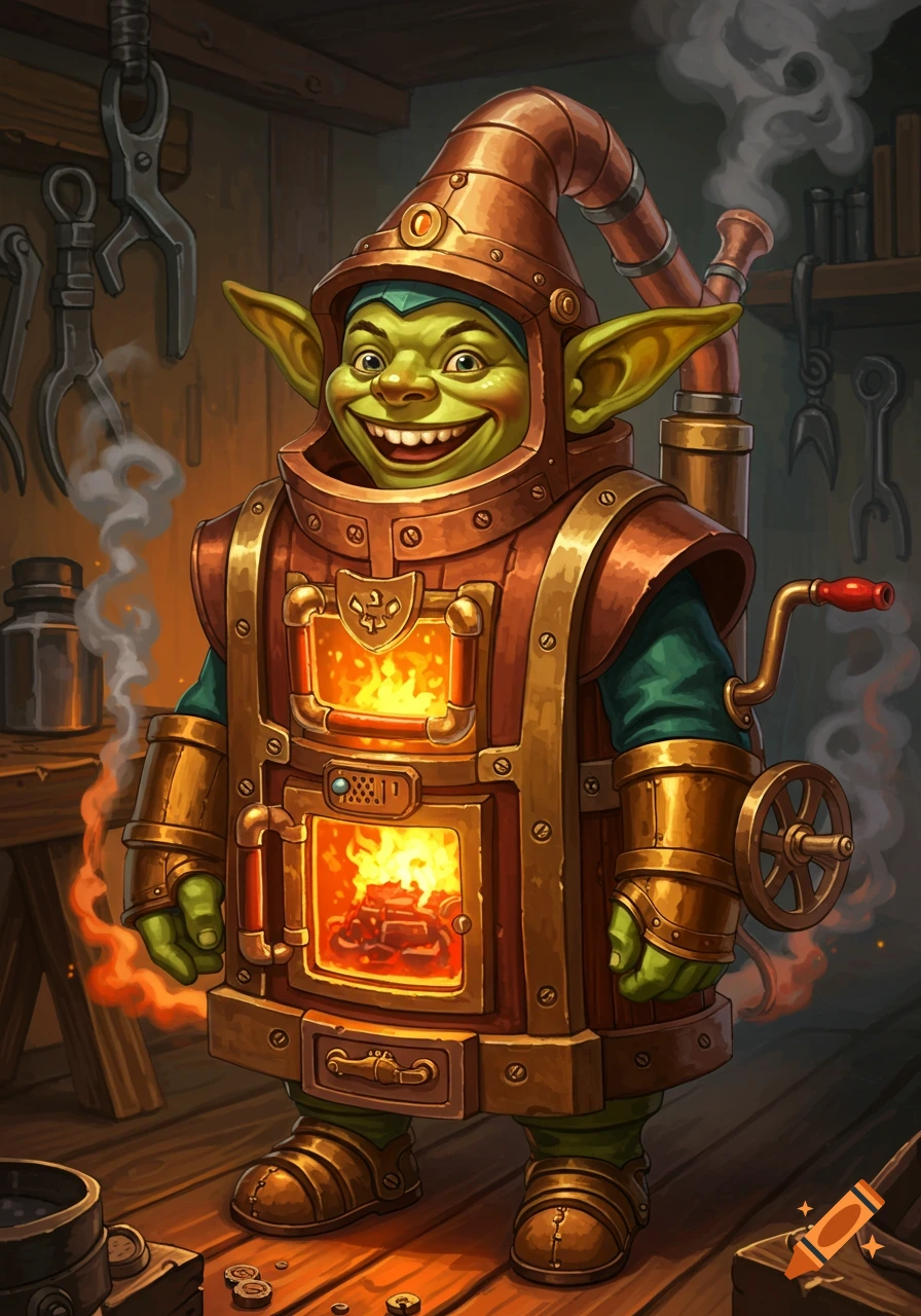 Fantasy illustration of a green goblin in a steampunk furnace suit standing in a workshop.