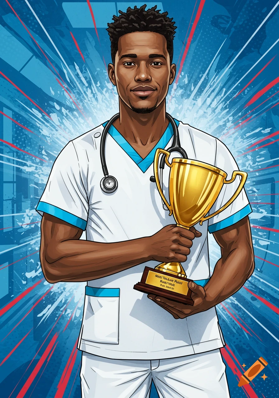 Illustration of a male nurse in scrubs holding a gold trophy against a dynamic blue background.