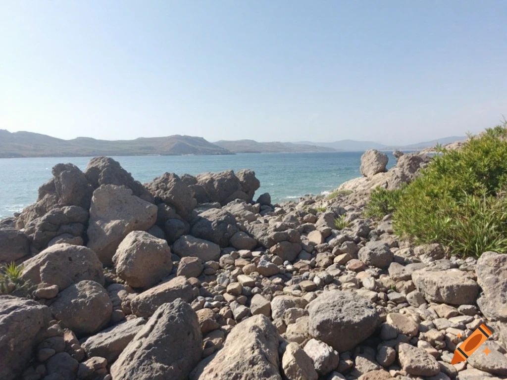 Rocky coastline with sea and mountains in the distance.