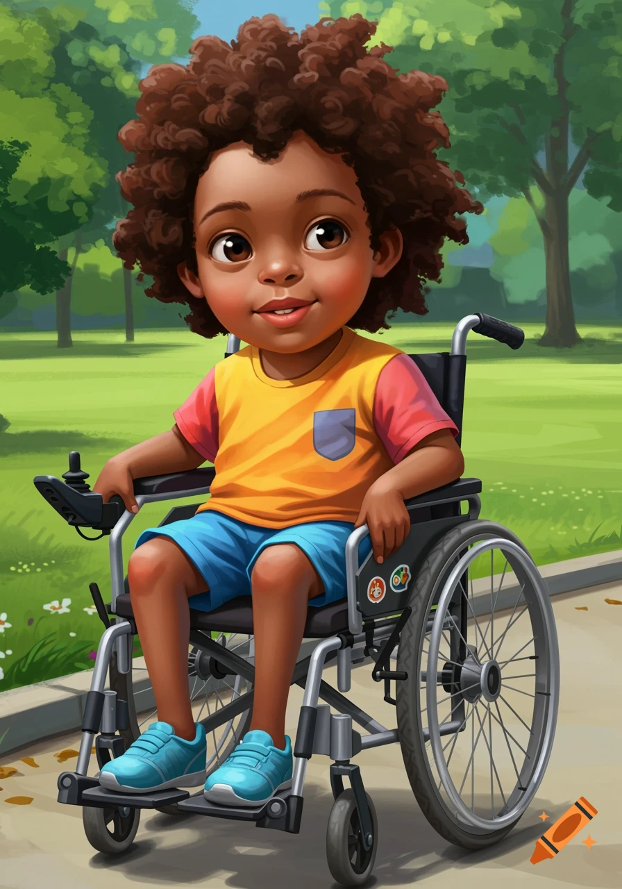 A cartoon illustration of a child with disability in a wheelchair outdoors.