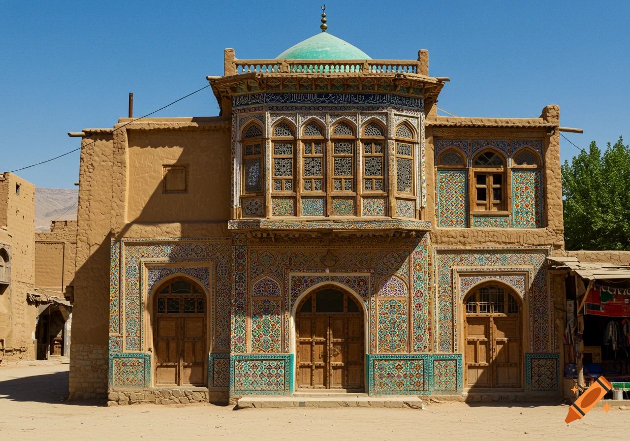 Traditional building with intricate tiles and green dome in Herat.