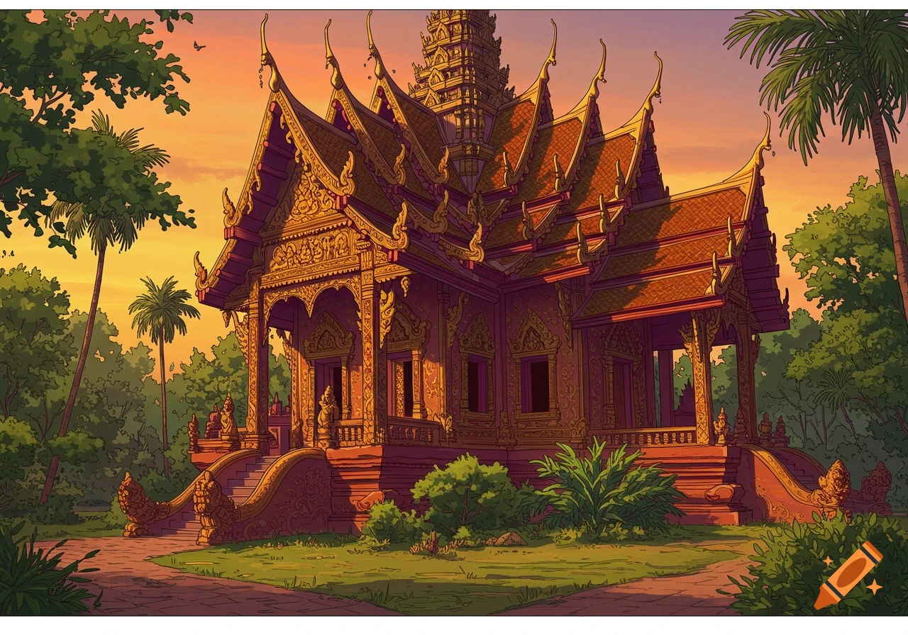 An illustrated temple at sunset surrounded by trees.
