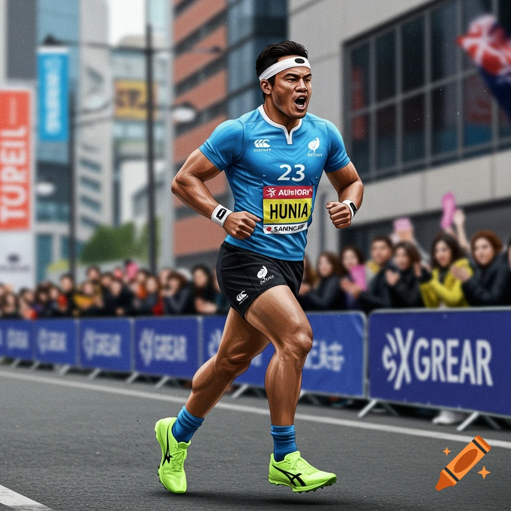 A rugby player runs in a marathon race, wearing a blue shirt with number 23 and green running shoes.