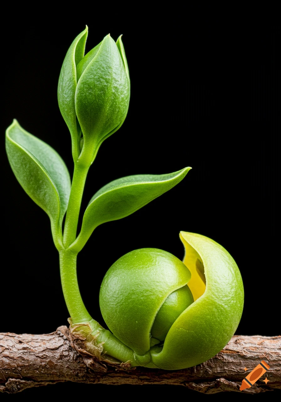 A macro photo of a green plant bud opening on a branch against a black background, revealing a yellow interior.