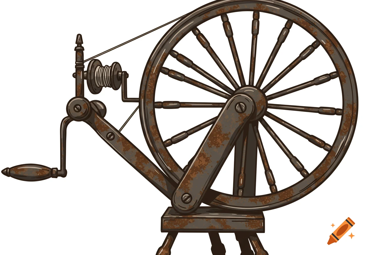 An illustration of a rusty steel yarn spinning wheel.