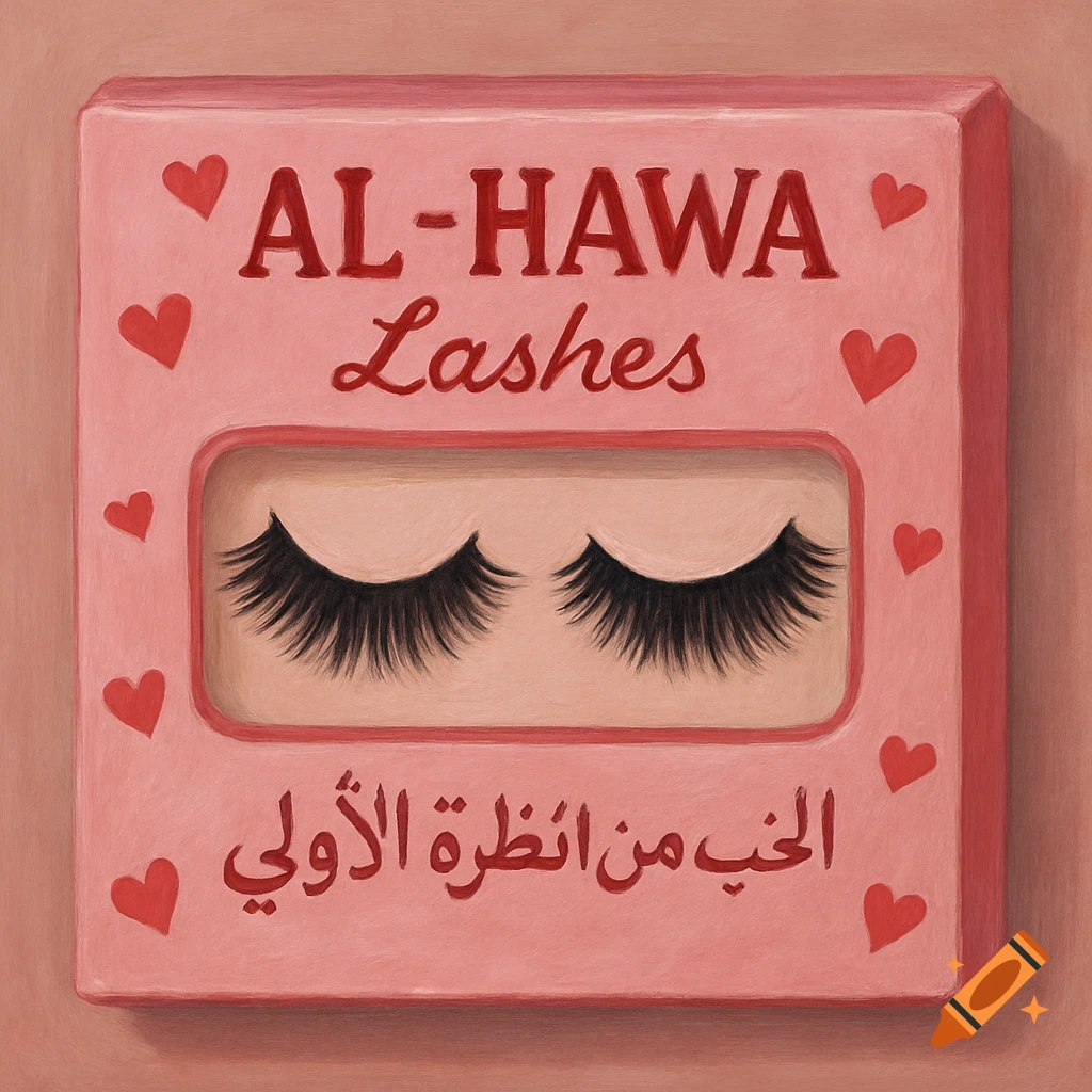 Painted image of a pink box of false eyelashes with 'AL-HAWA Lashes' and hearts.