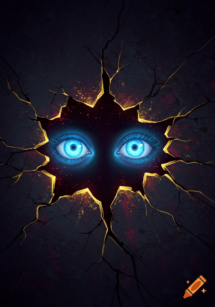 Bright blue eyes glow through a dark, cracked surface with gold accents.