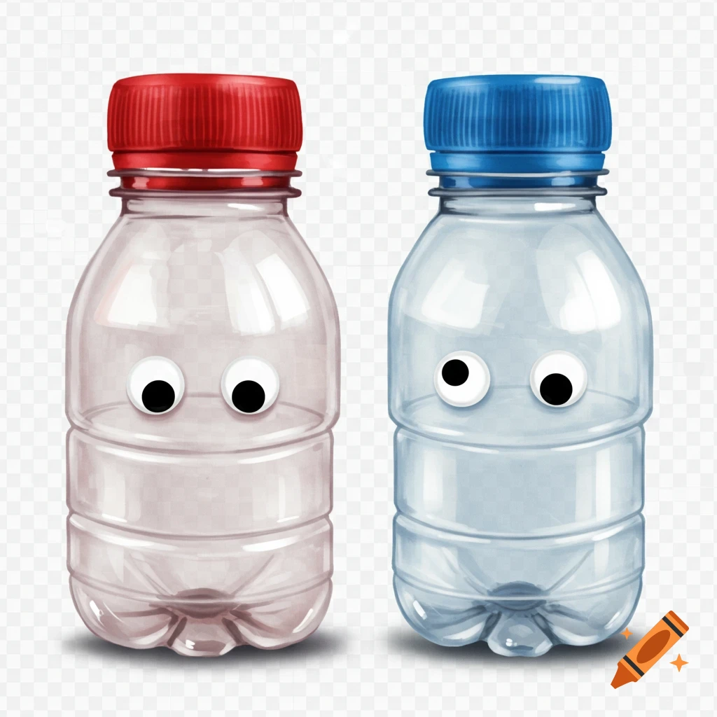 Two plastic bottles with googly eyes, one with a red lid and one with a blue lid, on a transparent background.