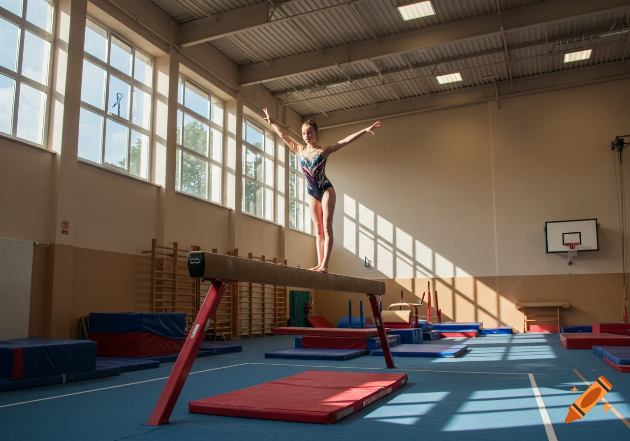 Young gymnast balances on a beam in a sunlit gym
