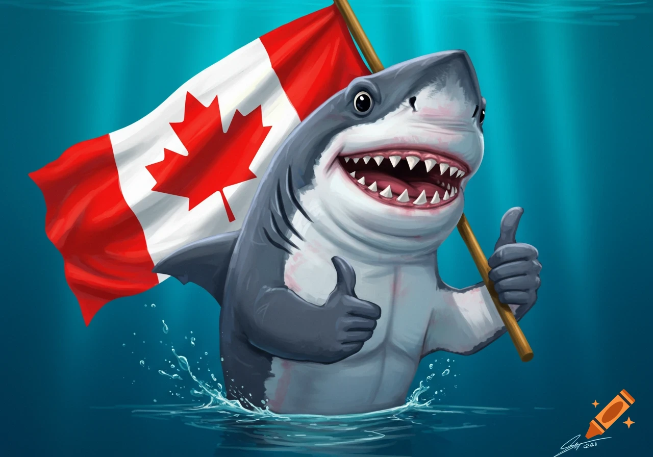 Cartoon shark holding a Canadian flag and giving thumbs up in water.