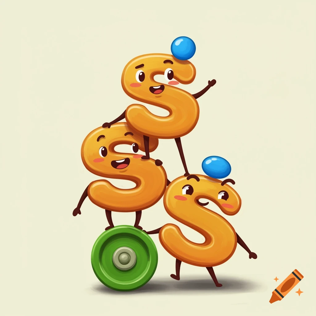 Three cartoon letters 'S' stacked on top of each other, one standing on a green wheel, one with a blue ball on its head.