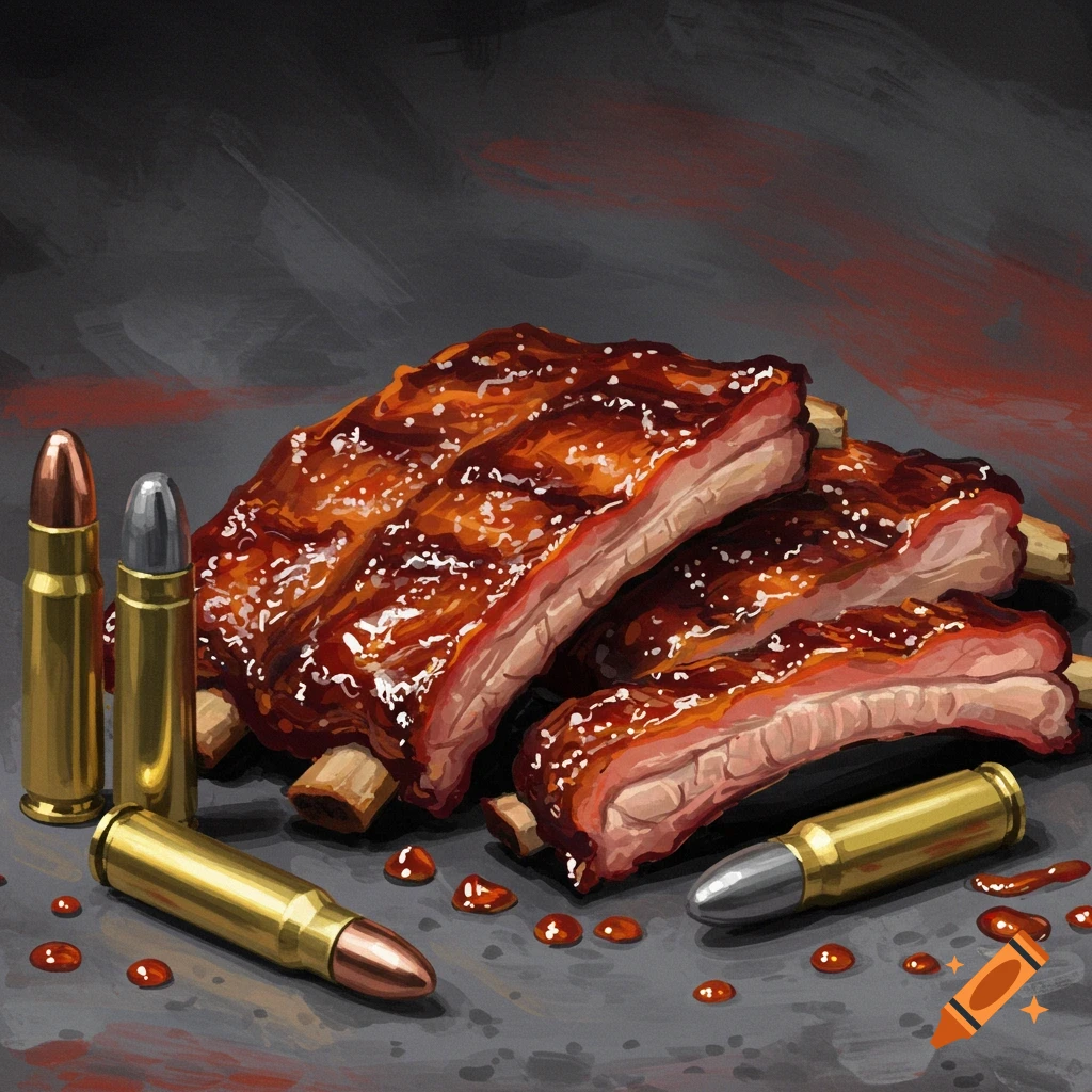 A digital painting shows BBQ ribs piled next to several bullets.