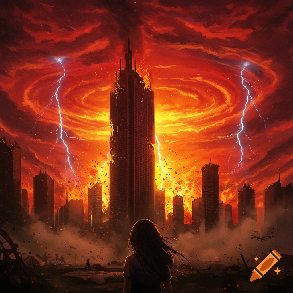 Digital painting of a figure watching a destroyed city under a fiery red sky with lightning.