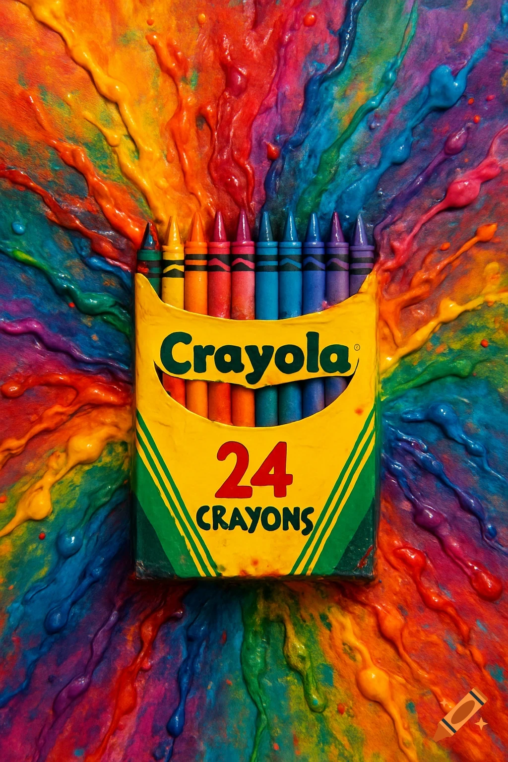 Box of Crayola crayons with colorful melted wax splatter around it.