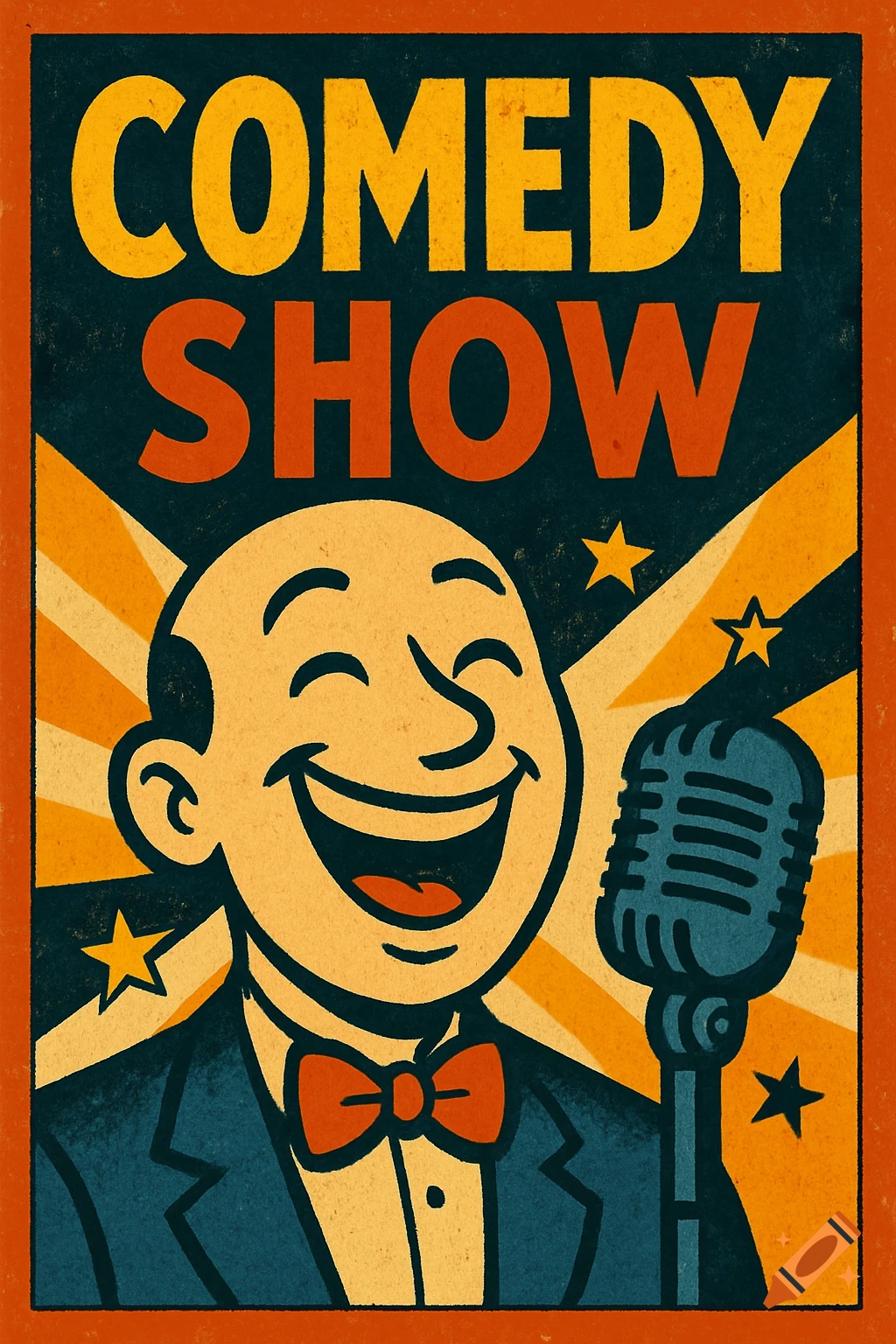 Retro style poster for a comedy show featuring a smiling man at a microphone.