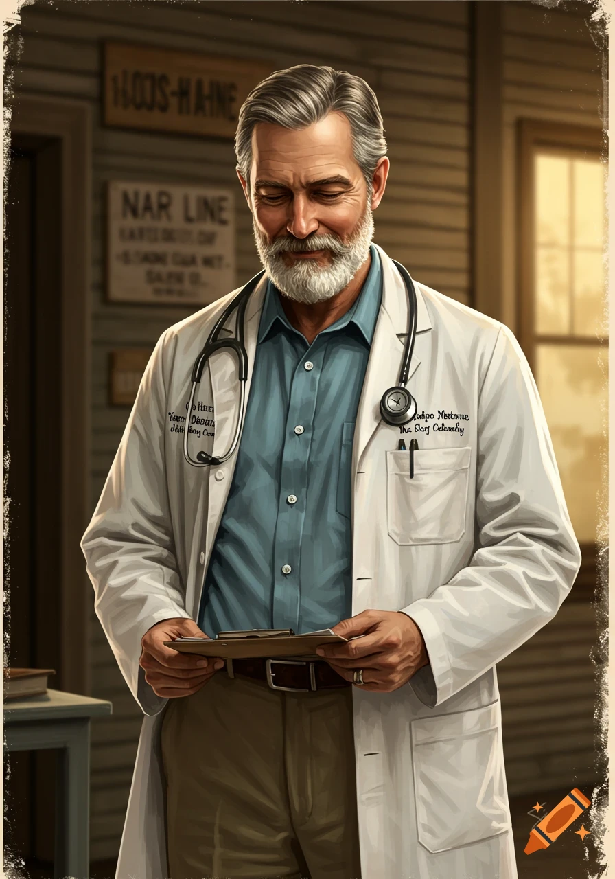 Digital painting of an older male doctor in a lab coat, looking at a clipboard in a room with signs.