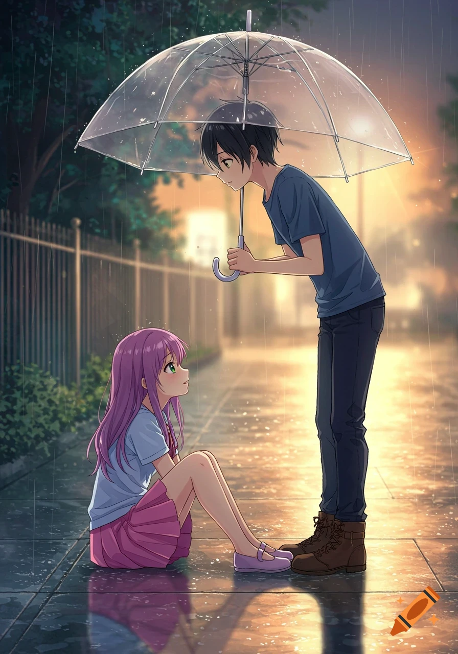 Anime boy holds an umbrella over a girl sitting on the sidewalk in the rain.