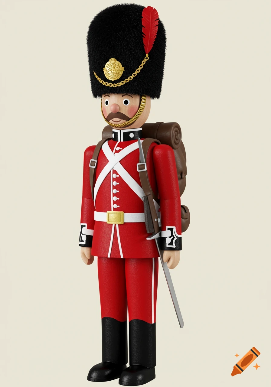A wooden toy soldier figure in a red uniform, bearskin hat, and carrying a knapsack and sword.