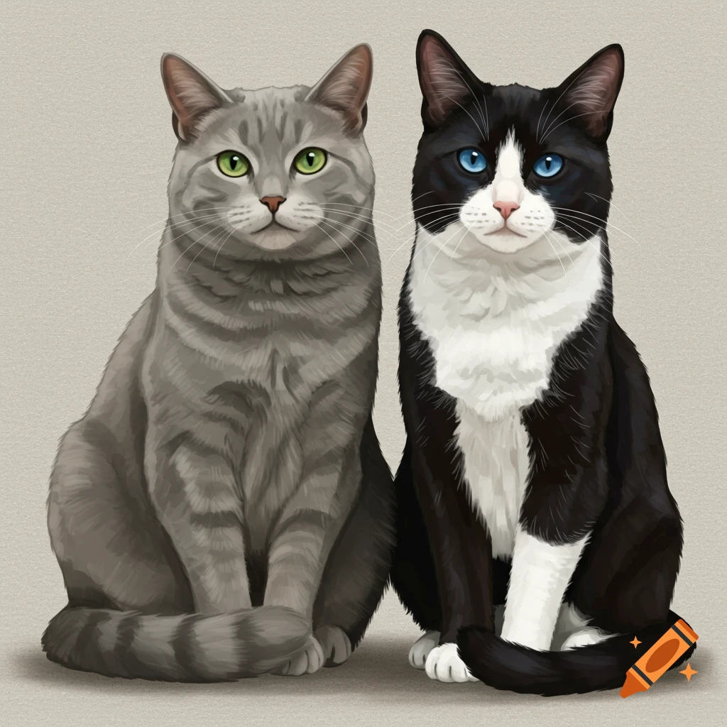 An illustration of a grey tabby cat and a black and white cat sitting ...
