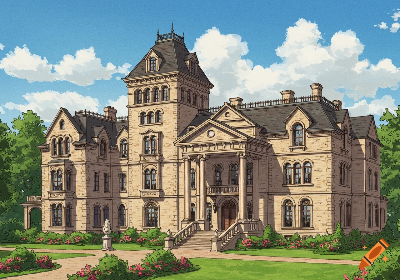 Illustrated view of a grand stone mansion with a tower, columns, gardens, and a partly cloudy sky.