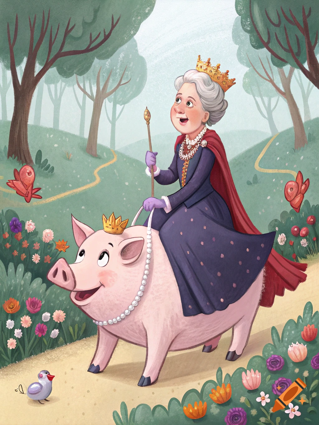 Illustration of a queen riding a pig through a forest path on Craiyon