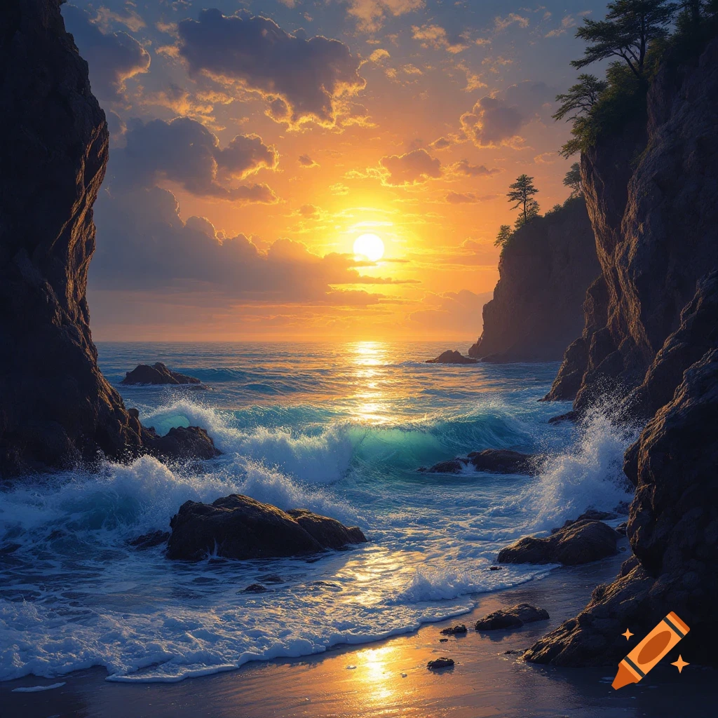 Coastal landscape at sunset with waves crashing on rocks and beach.
