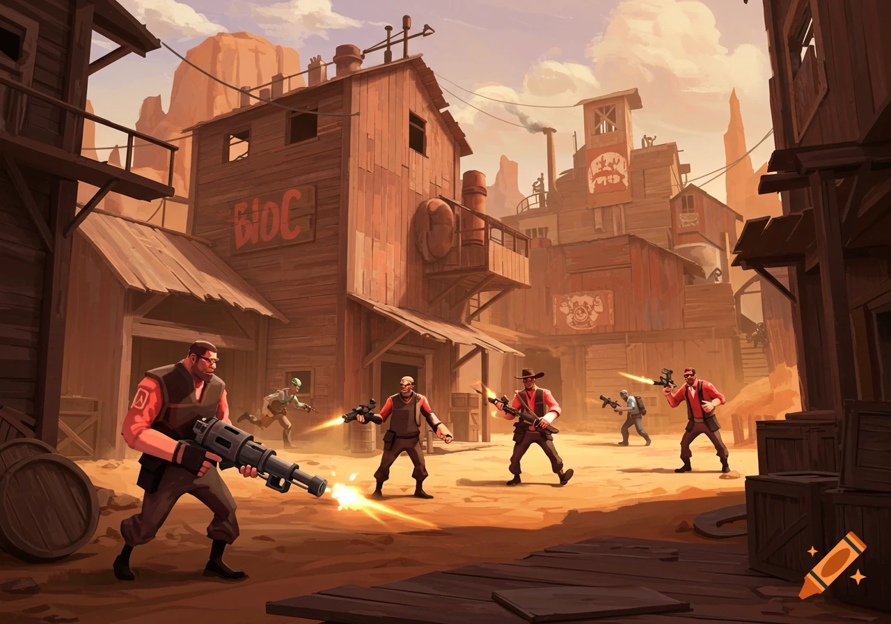 Team Fortress 2 characters fight on a desert map.