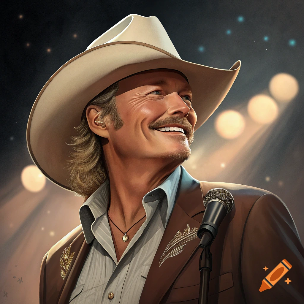 Stylized portrait of a man in a cowboy hat singing into a microphone on stage.