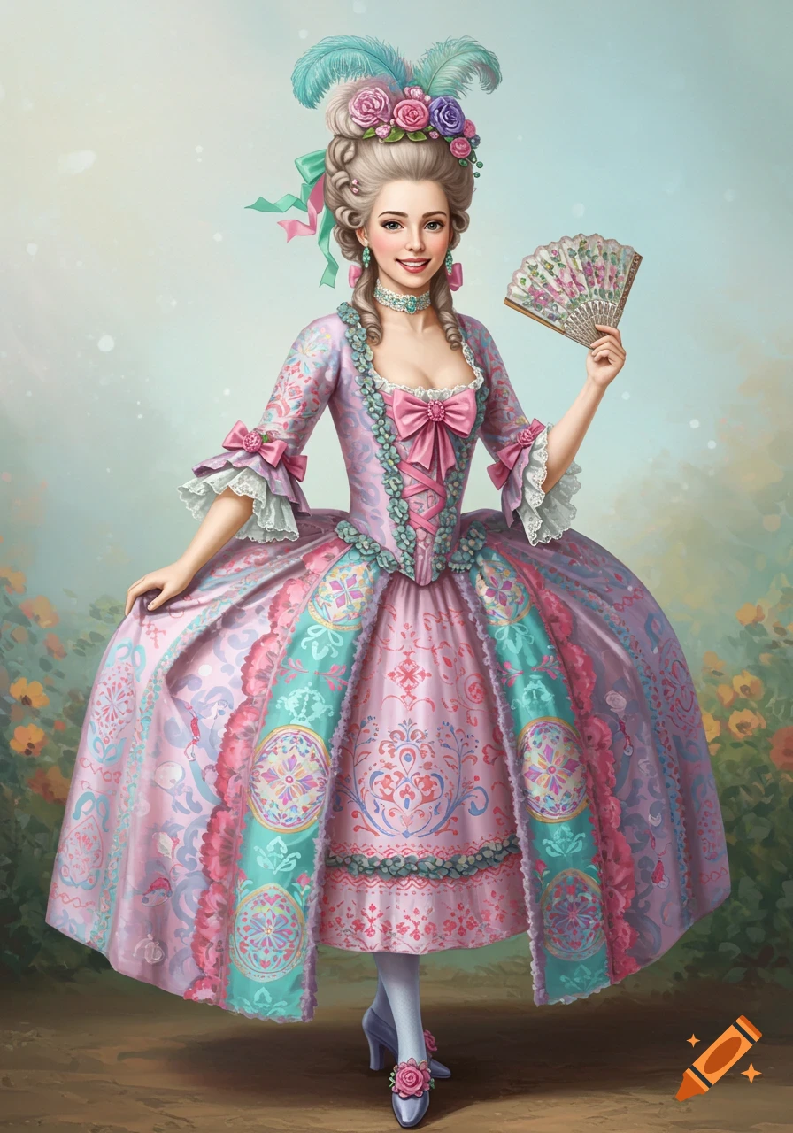 Woman in elaborate pastel French court dress with feather wig and fan