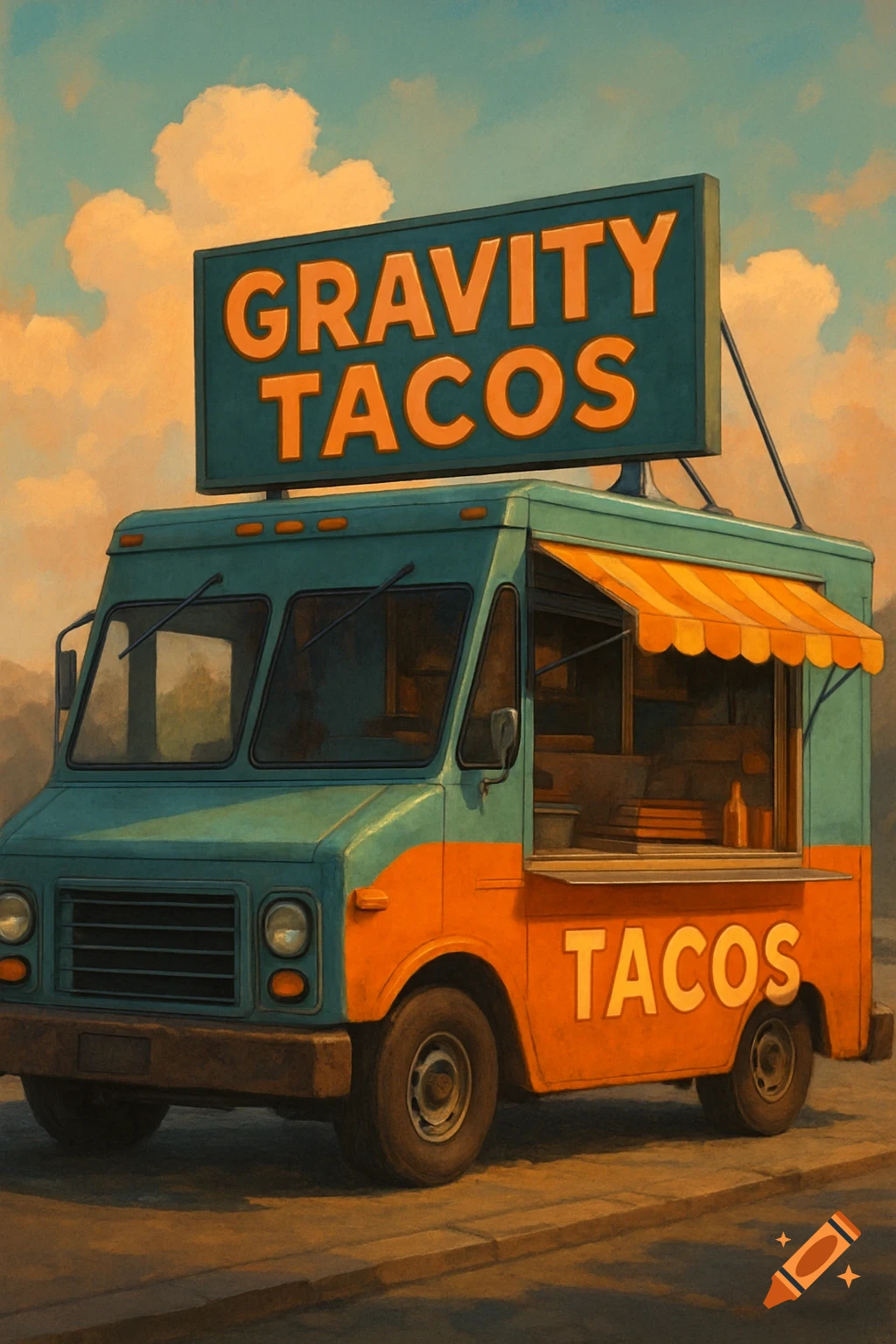 A blue and orange food truck with 'Gravity Tacos' and 'Tacos' signs, painterly style