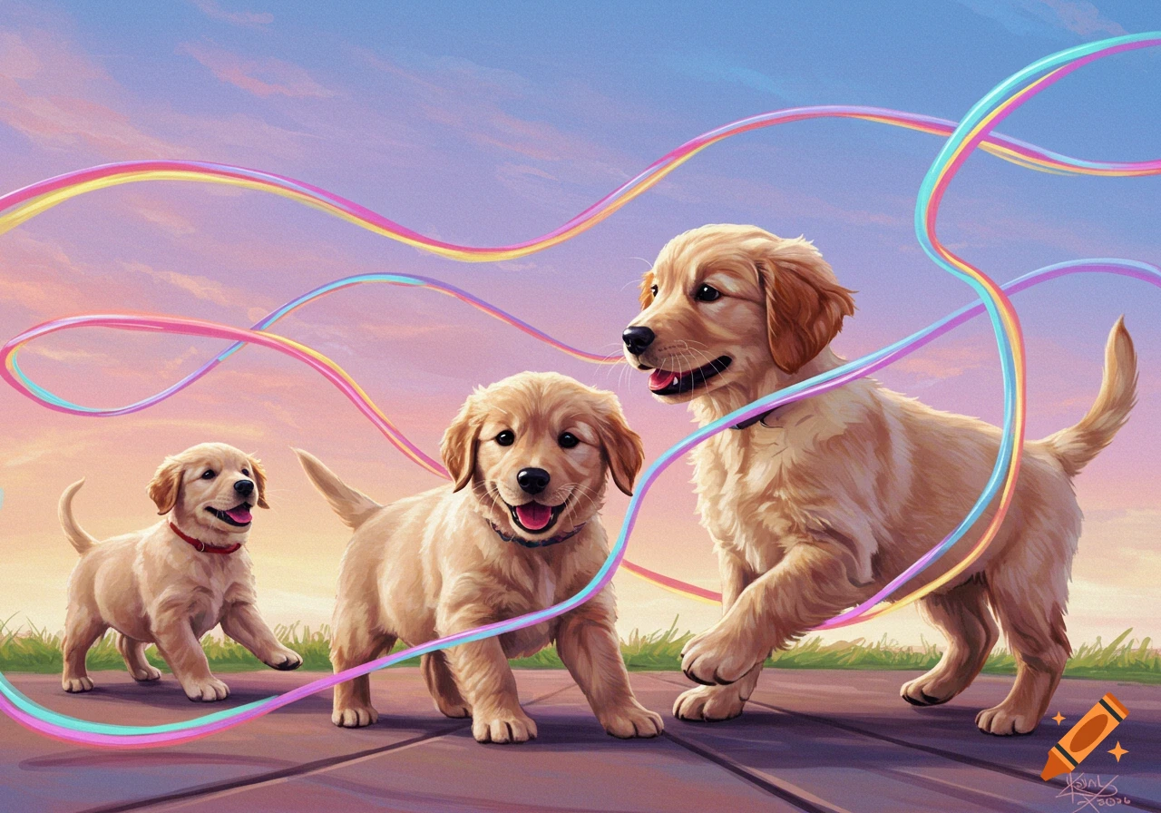 Three golden retriever puppies play with colorful ribbons at sunset.