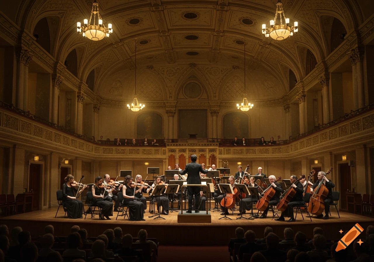 An orchestra performs on stage in a grand concert hall.